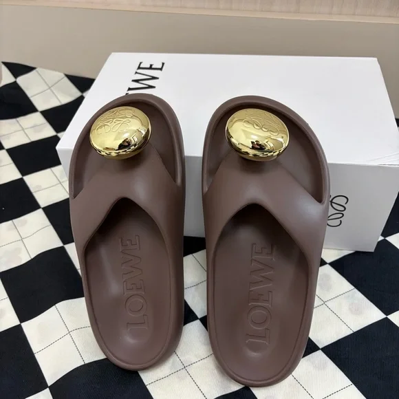Loewe Chocolate Brown Slide Sandals with Gold Orb Detail - Picture 7 of 7